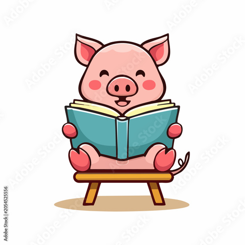 Cute Pig Reading a Book