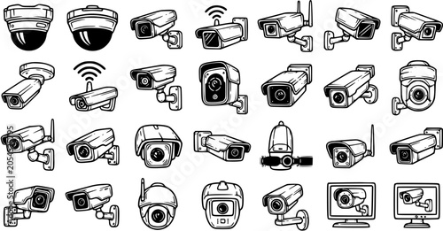 Security Camera Line Art Vector Illustration. Hand-drawn Black and White Doodle Icons of CCTV Surveillance Systems for Home Safety.