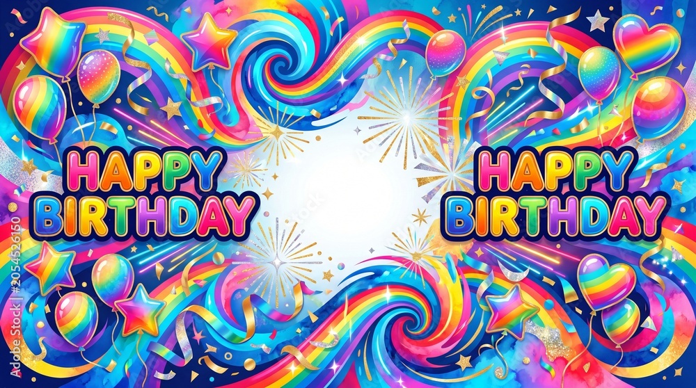 Obraz premium Rainbow backdrop with balloons and confetti celebrating joyous birthdays.