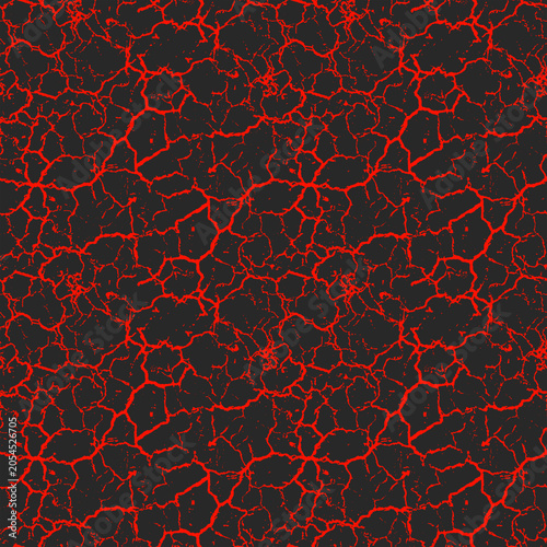 Seamless abstract cracked ground pattern with glowing red lines on black background