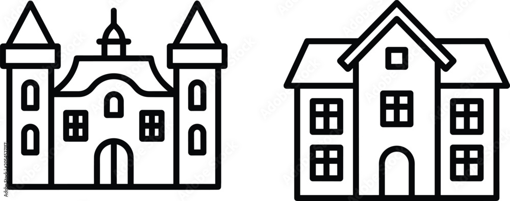 Naklejka premium Simple line art vector illustrations of a medieval castle with twin towers and a classic multi story school building