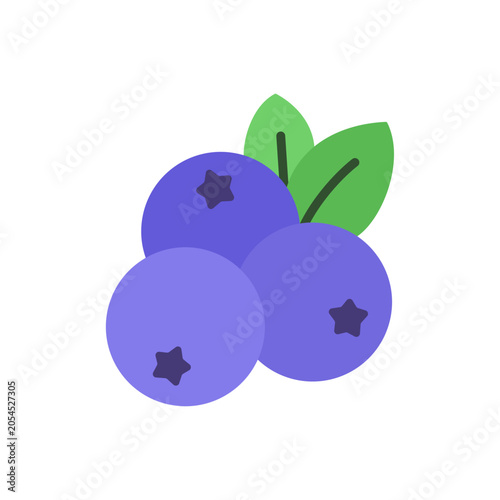 Flat icon of blueberries with green leaves and simple round shapes. Perfect for fruit themes, healthy food graphics, grocery designs, and natural illustrations.