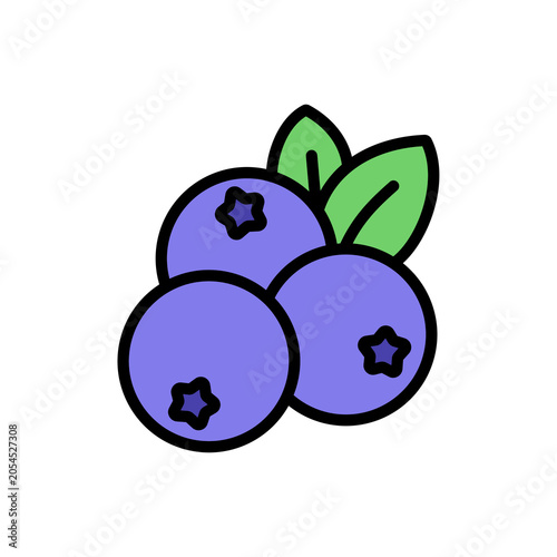 Colored outline icon of blueberries with green leaves and soft shading. Perfect for fruit graphics, healthy food themes, grocery designs, and natural illustrations.