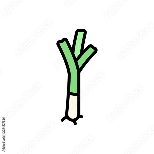 Colored outline icon of a leek with green leaves and light stalk details. Perfect for healthy food themes, vegetable illustrations, kitchen graphics, and market designs.