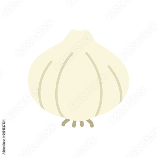 Flat icon of a garlic bulb with simple cloves and green stem detail. Ideal for food themes, cooking graphics, grocery designs, and healthy ingredient illustrations.