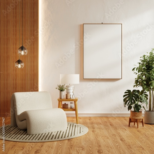 Bild auf Leinwand Blank vertical poster frame mockup on white wall in modern minimalist living roo