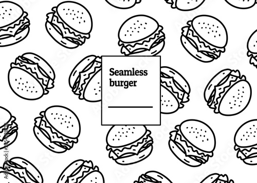 Seamless burger illustration. Burger pattern with black outline and white background. Food packaging, menu illustration	
