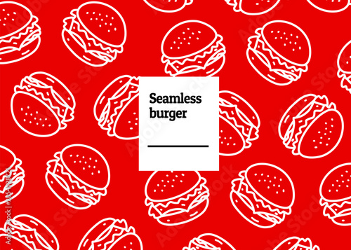 Seamless burger illustration. Burger pattern with white outline and red background. Food packaging, menu illustration	