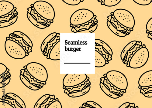 Seamless burger illustration. Burger pattern with black outline and cream background. Food packaging, menu illustration	