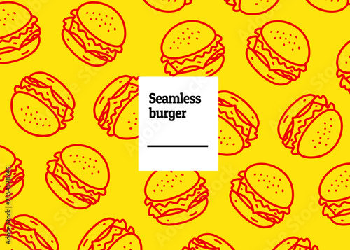 Seamless burger illustration. Burger pattern with red outline and yellow background. Food packaging, menu illustration	