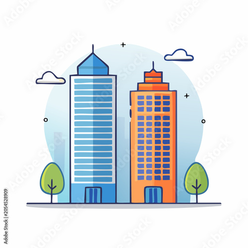 Modern Cityscape with Two Tall Buildings and Trees