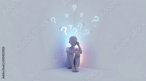 Confused figure sitting in a corner surrounded by floating question marks
