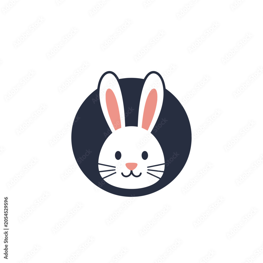 Obraz premium A cute white cartoon rabbit head icon centered on a dark circular background.