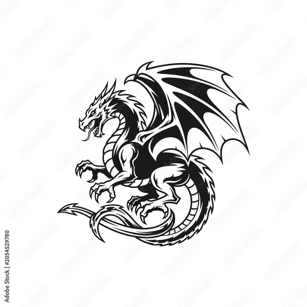 Fototapeta premium A detailed black and white illustration of a fierce mythical dragon in a dynamic pose.