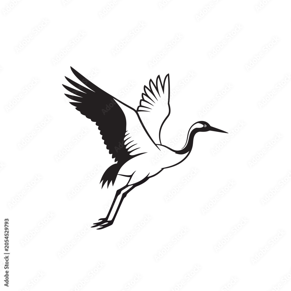 Naklejka premium A minimalist black and white illustration of a crane bird in flight.