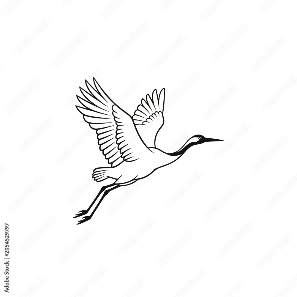 Naklejka premium A minimalist black and white line art illustration of a graceful crane in flight.