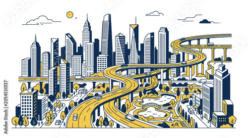 Modern urban skyline with winding highways and city park