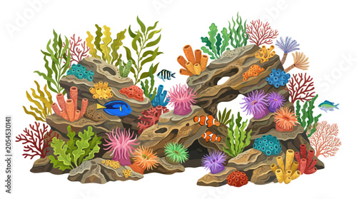 Tableau sur toile Vibrant underwater coral reef scene with marine life and seaweed