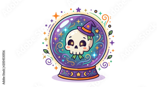 Tableau sur toile Cute skull wearing a witch hat inside a magical crystal ball