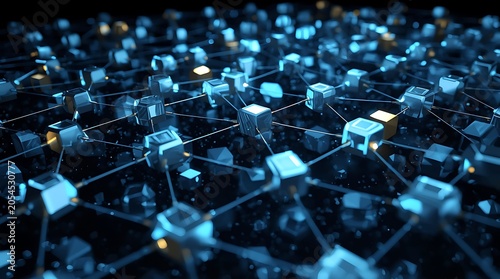 Abstract network of glowing cubes connected by lines on a dark background