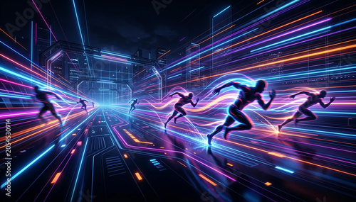 dynamic athletes in motion blur with neon light trails urban night