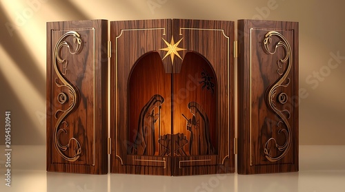 Elegant wooden nativity scene with ornate gold details and a guiding star