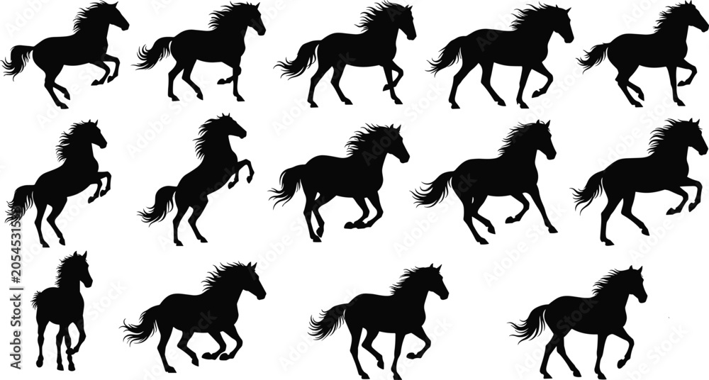 Fototapeta premium Running Horse Silhouette Collection Set with Dynamic Equine Pose Illustrations