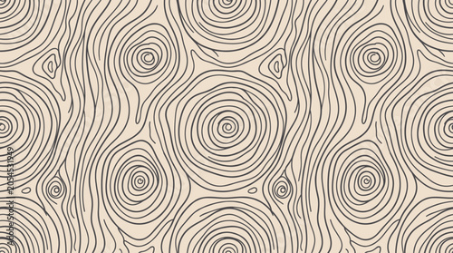 Light abstract wood grain seamless vector pattern with circular tree rings and wavy lines. Hand drawn timber bark texture illustration for wallpaper background and graphic design.