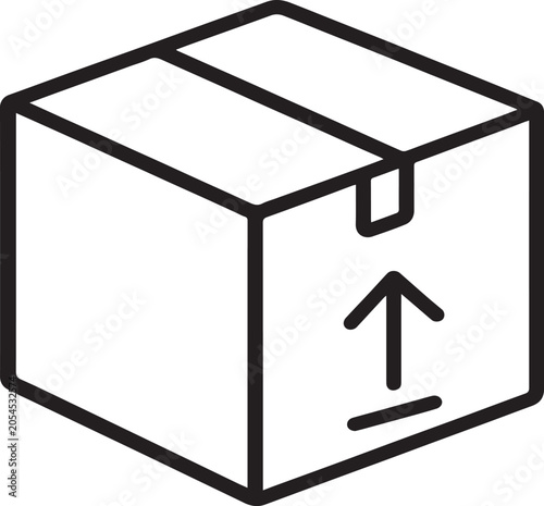 A clean, bold outline illustration of a cardboard delivery box with a directional arrow, perfect for logistics branding, e-commerce websites, shipping services, and warehouse management iconography