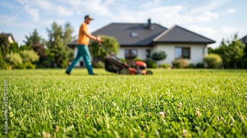 A man mowing the green grass lawn with a lawnmower in his backyard during a bright sunny summer day in front of a house