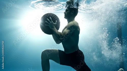 Muscular Athlete Performing Underwater Lunges With Heavy Ball Weights
