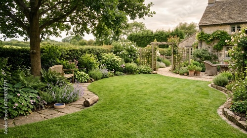Beautiful lush green garden with a stone path and a cozy cottage house on a sunny summer day in the english countryside