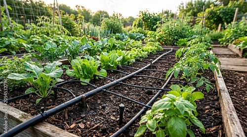 Green vegetable plants growing in a home garden with a black drip irrigation system for watering the soil during a sunny day