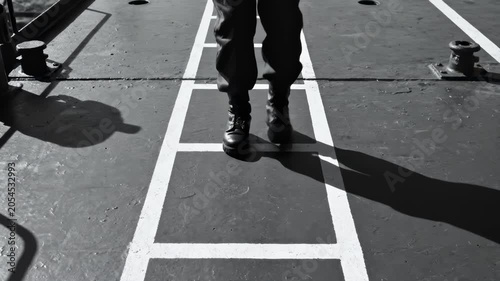 Person In Heavy Work Boots Walking Along A Painted Safety Ladder