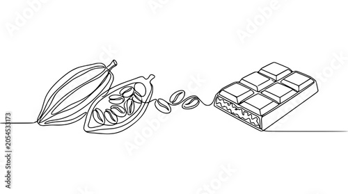 Continuous line drawing of cocoa pods, beans, and chocolate bar on white background