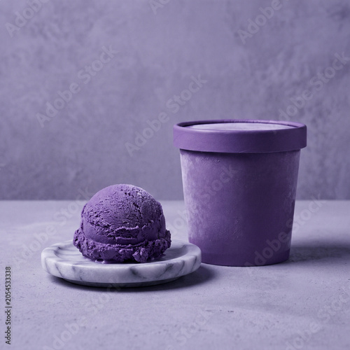 Ube ice cream scoop in a marble base with plastic purple ice cream recipient, minimalist, for product design