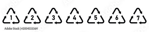 Seven distinct plastic recycling symbols with numbered resin identification codes for environmental responsibility