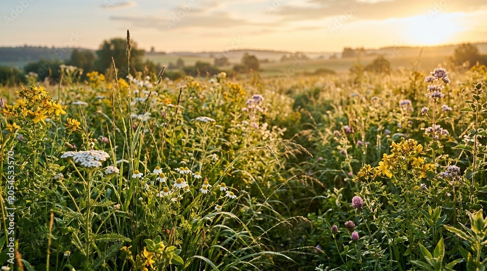 Obraz premium Beautiful wild flowers in a grassy meadow during a warm golden sunset with soft glowing light in the countryside landscape