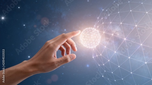 Hand touching digital network sphere