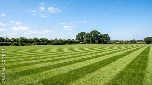 Freshly cut green grass field with parallel lines and trees under a clear blue summer sky in the peaceful countryside landscape
