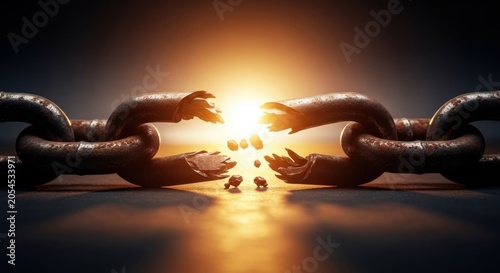 Broken metal chains with sunlight rising behind dramatic silhouette at dawn