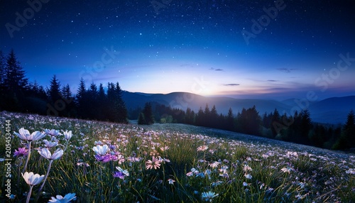 Spring Night Landscape With Blooming Wild Flowers In Meadow