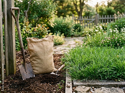 Metal shovel and bag of soil standing in a sunny backyard garden ready for planting flowers and vegetables in the spring season