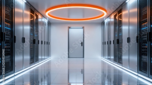 Server room with data racks and circular light