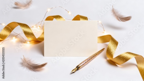 Elegant gift card with golden ribbon and pen