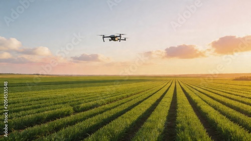 Drone flying over green crop field