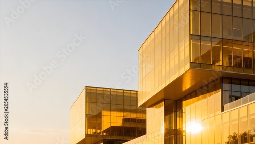 Modern glass building at sunset