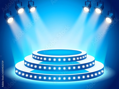 Empty round stage podium with blue lights and bright spotlights shining down for a product presentation or an award ceremony event