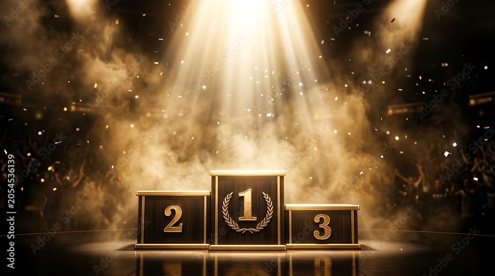 Obraz premium Gold podium with number one two and three on a dark background with bright glowing light rays and sparkles for a winning concept