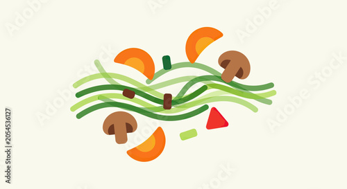 Scattered, whimsical arrangement of fresh vegetable slices and green stalks